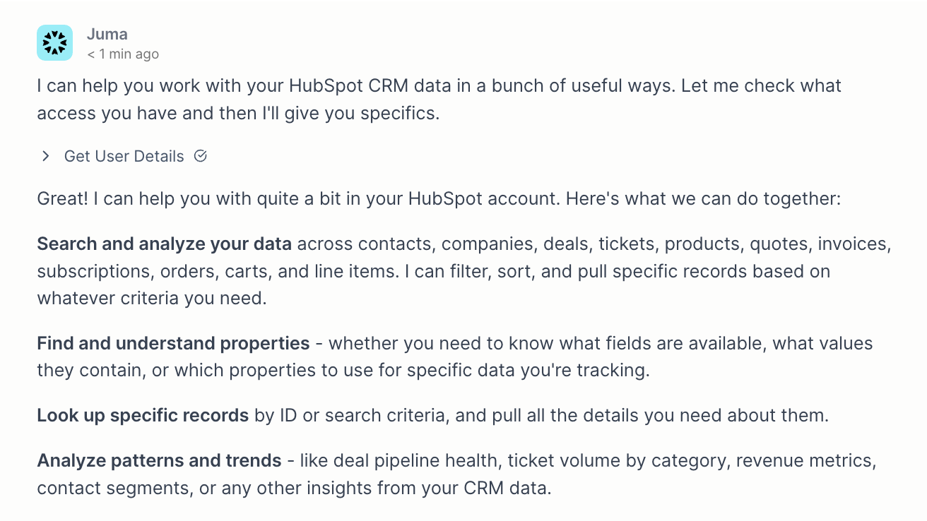 Juma HubSpot capabilities