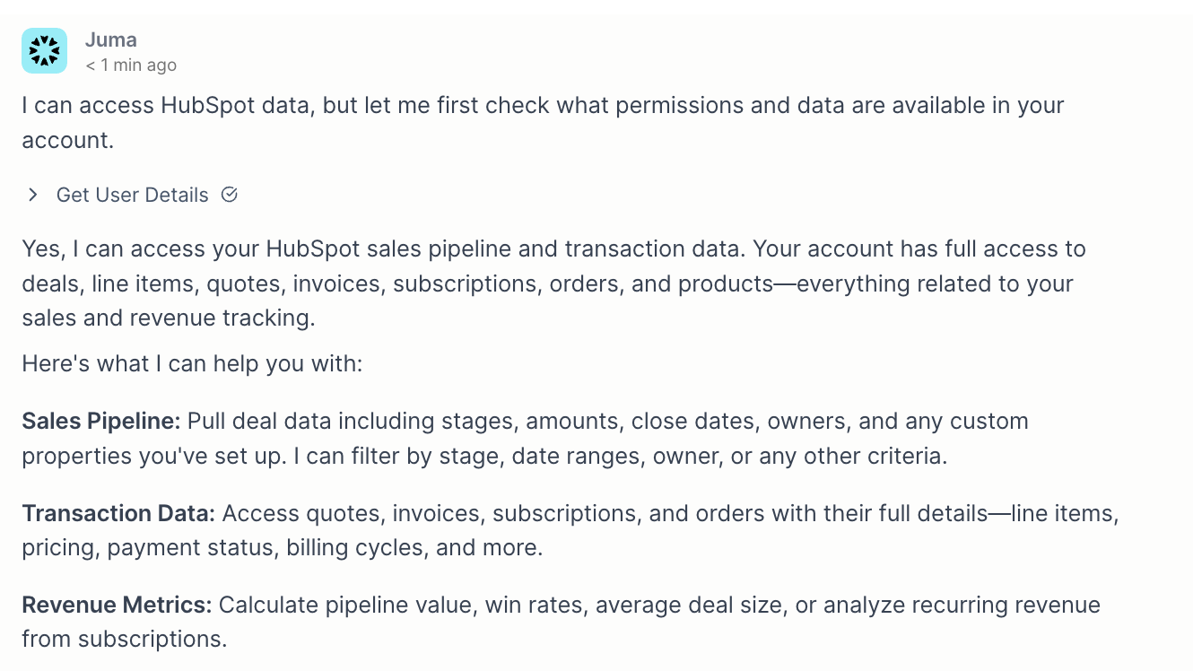 Juma HubSpot capabilities
